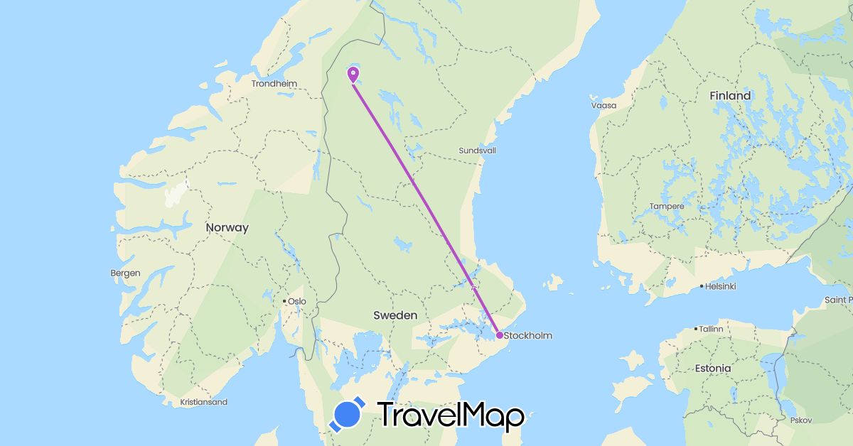 TravelMap itinerary: driving, train in Sweden (Europe)